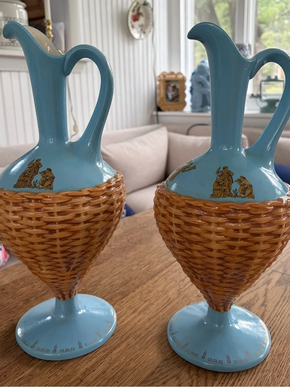 Source Unknown Blue and Brown Wicker-Style Ceramic Pitcher Duo